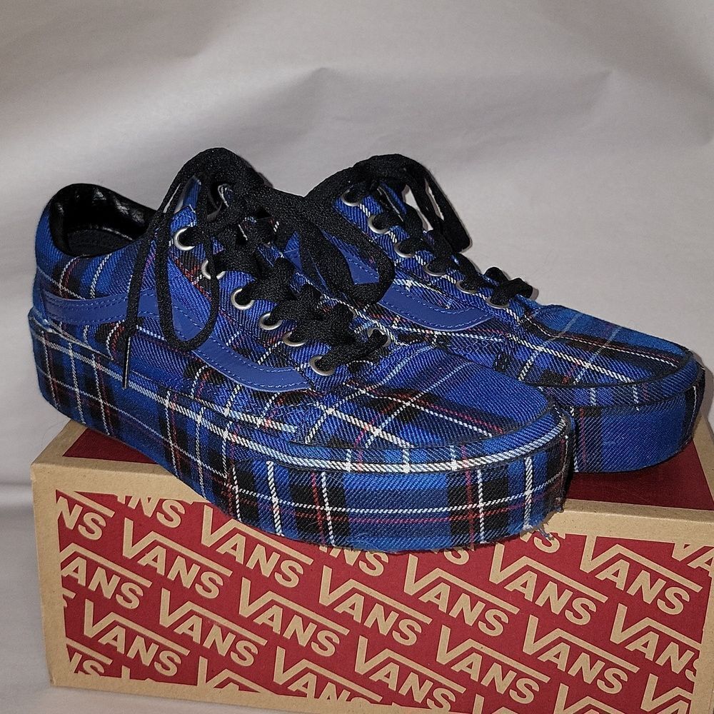 Vans Old Skool Platform Patent Plaid Blue Black Sneaker Shoes Women 5.5 Men 7 - Picture 11 of 15